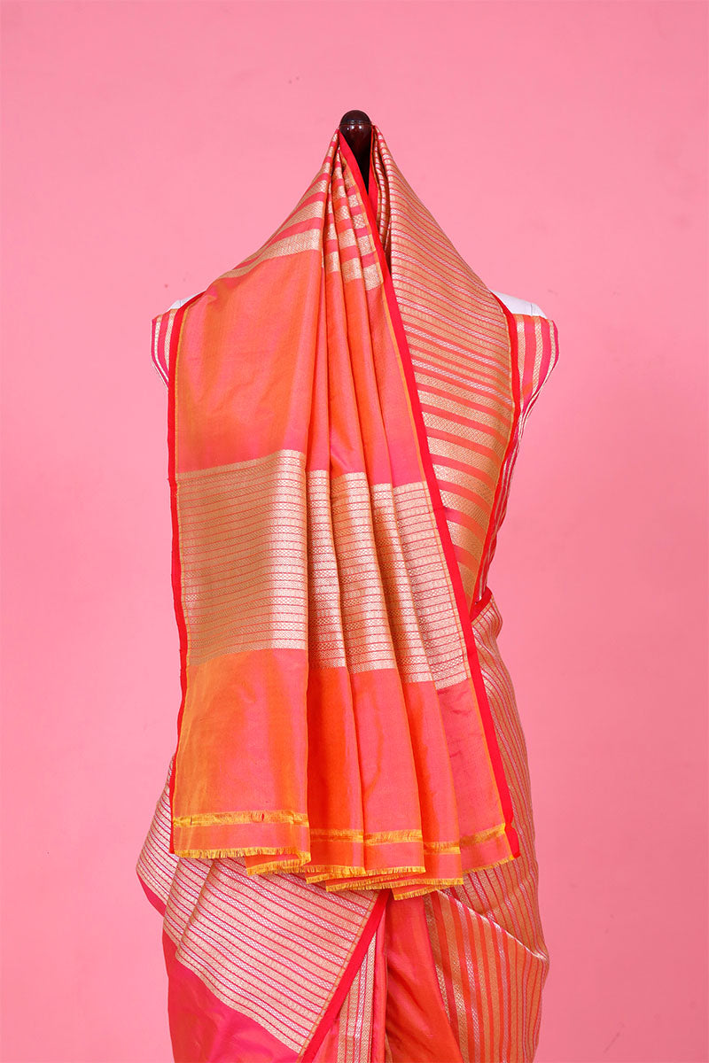 Peach Banarasi Katan Saree with Sona Rupa Stripes