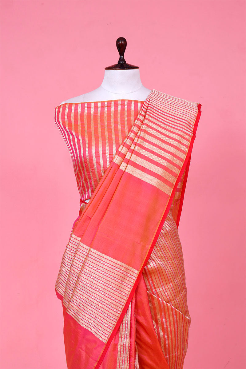 Peach Banarasi Katan Saree with Sona Rupa Stripes