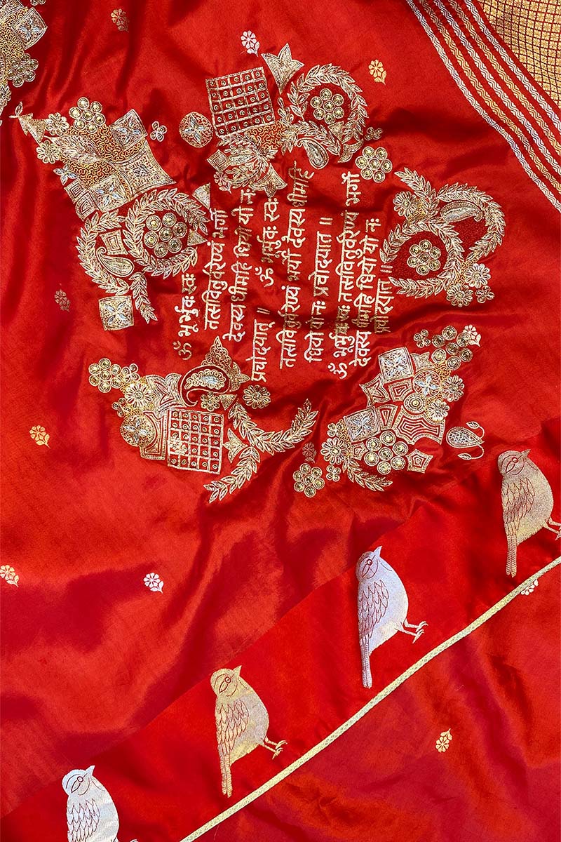 Nita Ambani Inspired Red Saree with Gayatri Mantra