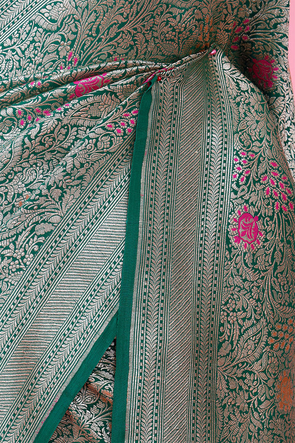 Green Khaddi Crepe Silk Saree with Brocade Meenakari Work