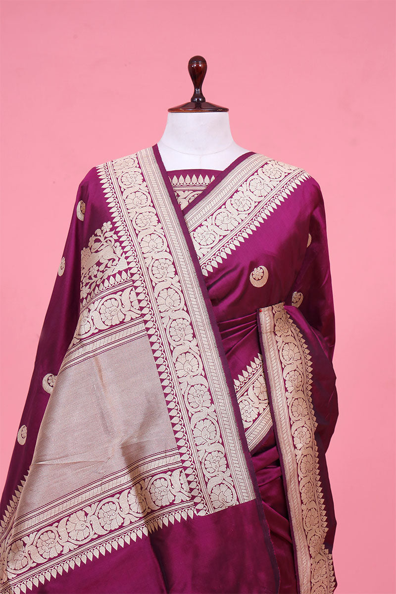 Deep Purple Katan Silk Saree with Golden Kadhwa Moon Motifs