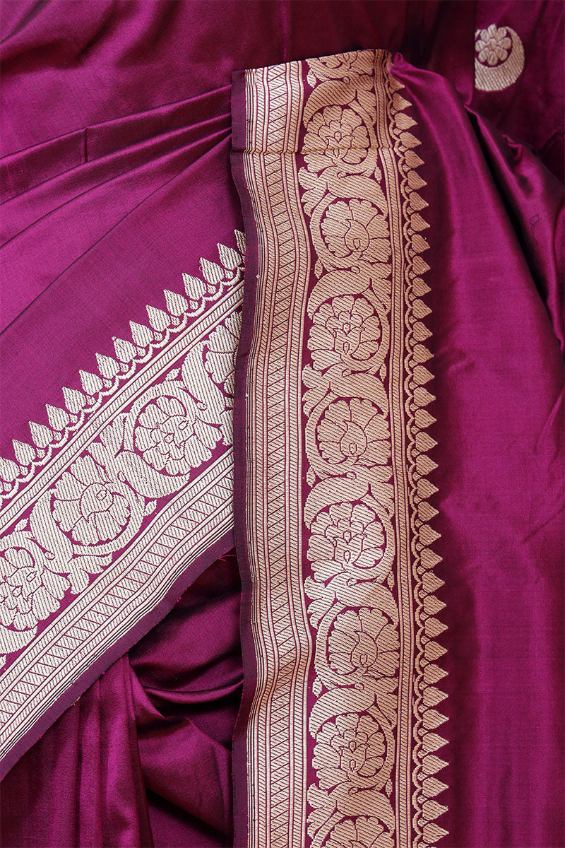 Deep Purple Katan Silk Saree with Golden Kadhwa Moon Motifs