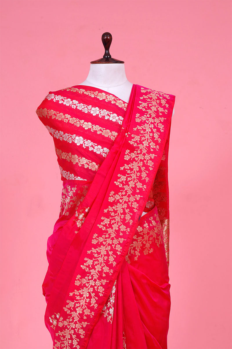 Magenta Pink Katan Silk Banarasi Saree with Sona-Rupa Floral Motifs