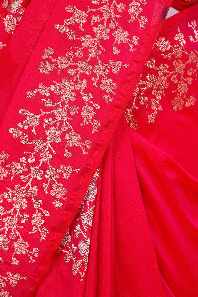 Magenta Pink Katan Silk Banarasi Saree with Sona-Rupa Floral Motifs