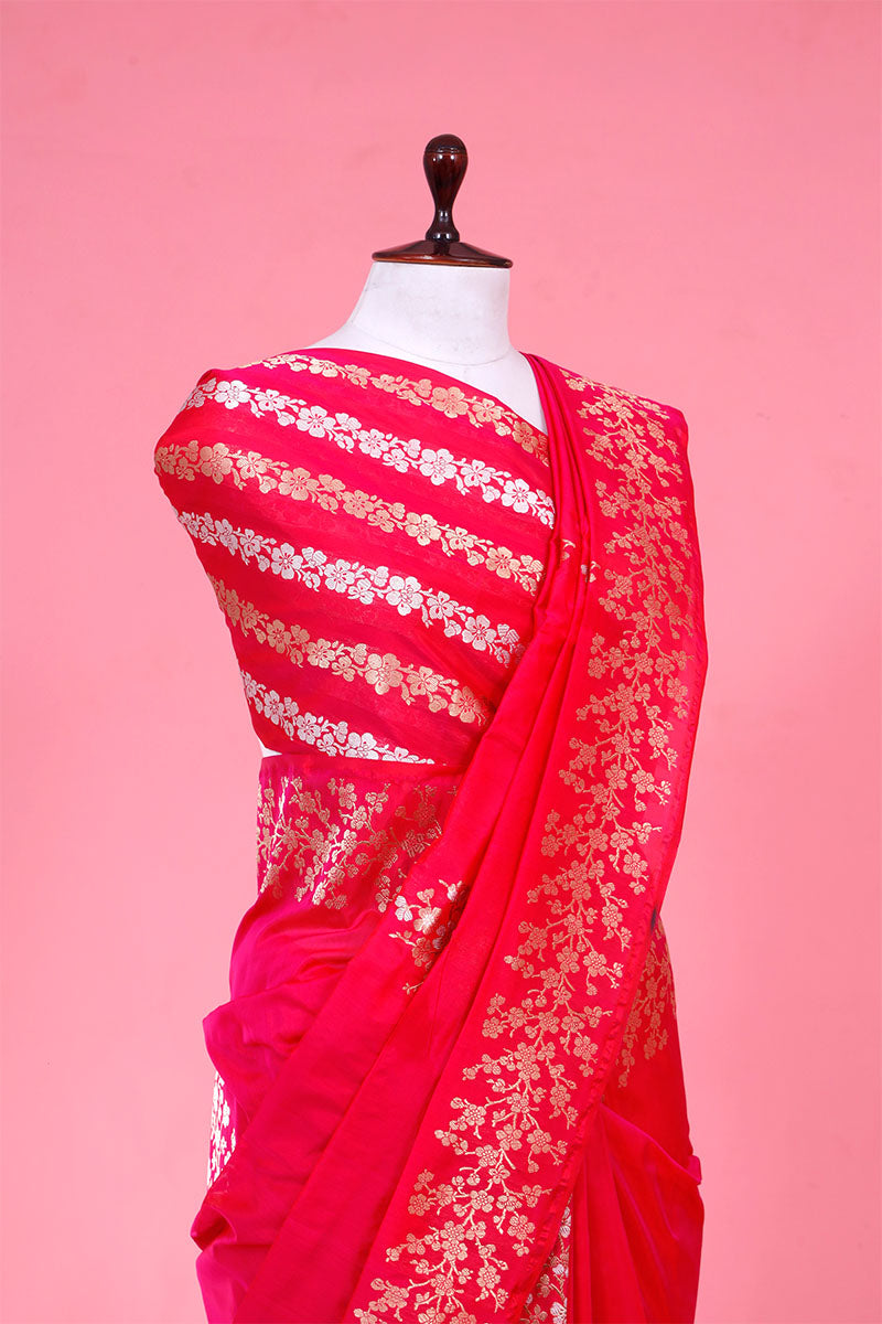 Magenta Pink Katan Silk Banarasi Saree with Sona-Rupa Floral Motifs