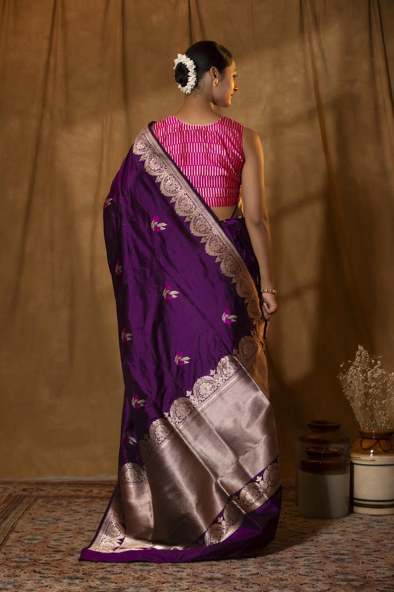 Purple Katan Silk Banarasi Saree with Meenakari Bird Motifs