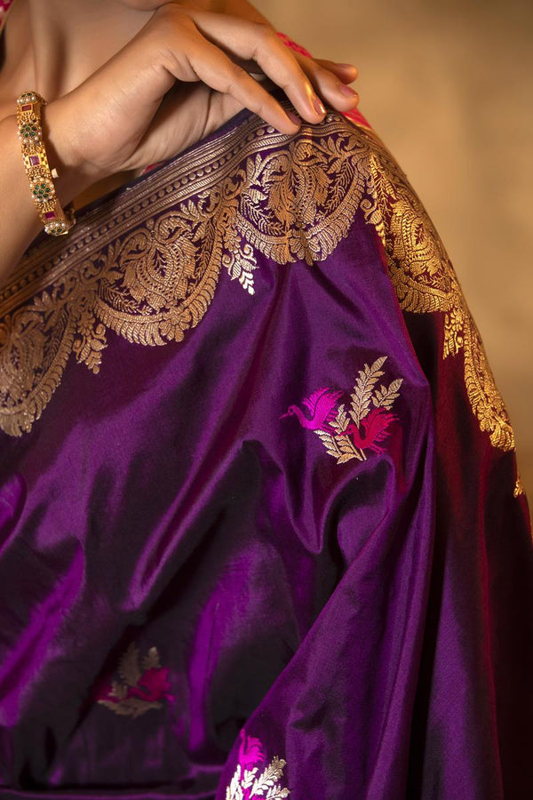 Purple Katan Silk Banarasi Saree with Meenakari Bird Motifs