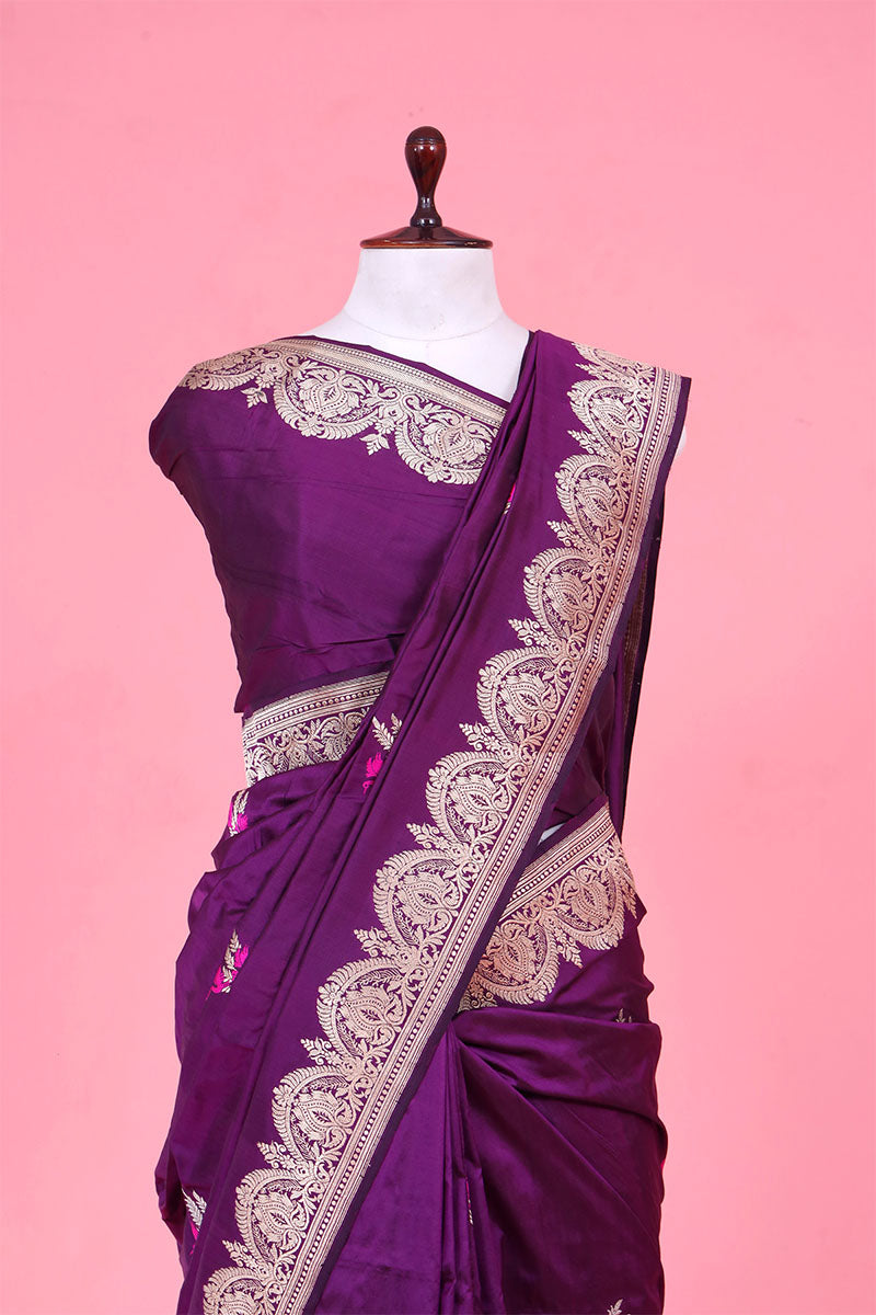 Purple Katan Silk Banarasi Saree with Meenakari Bird Motifs