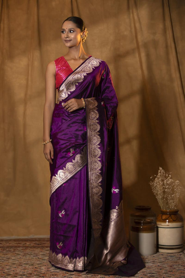 Banarasi Silk Saree, Banarasi saree, silk saree, purple  saree with meenakari bird motifs, wedding saree, party wear saree​