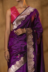 Purple Katan Silk Banarasi Saree with Meenakari Bird Motifs