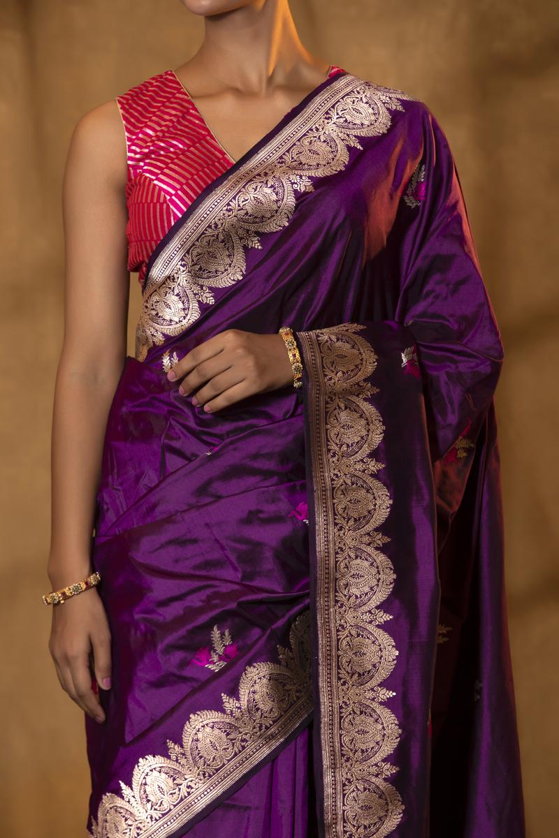 Purple Katan Silk Banarasi Saree with Meenakari Bird Motifs