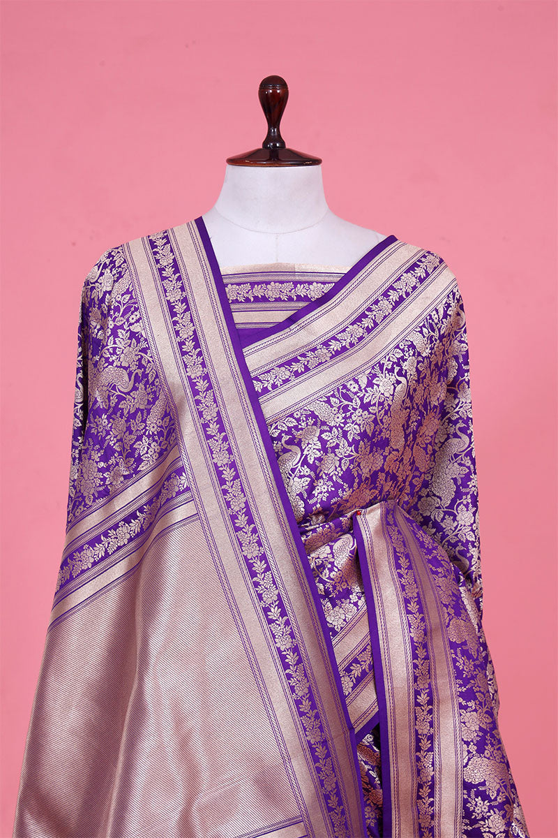 Bluish Purple Katan Silk Banarasi Saree with Golden Zari Mayur Jaal work