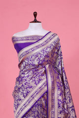 Bluish Purple Katan Silk Banarasi Saree with Golden Zari Mayur Jaal work