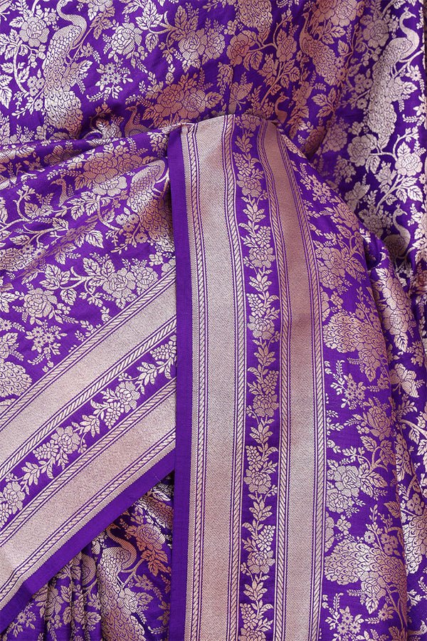 Bluish Purple Katan Silk Banarasi Saree with Golden Zari Mayur Jaal work