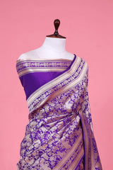 Bluish Purple Katan Silk Banarasi Saree with Golden Zari Mayur Jaal work