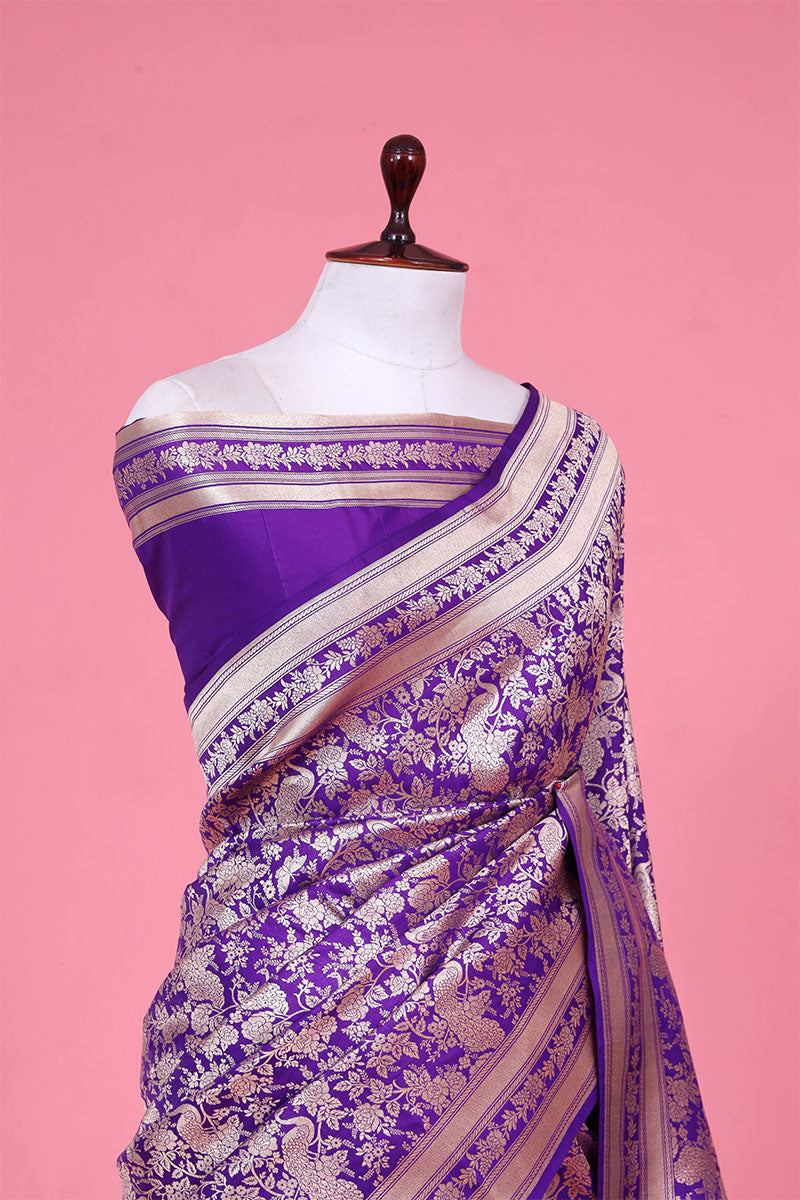 Bluish Purple Katan Silk Banarasi Saree with Golden Zari Mayur Jaal work