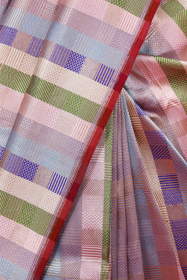 Lilac Brocade Banarasi Silk Saree with Multicolor Stripes