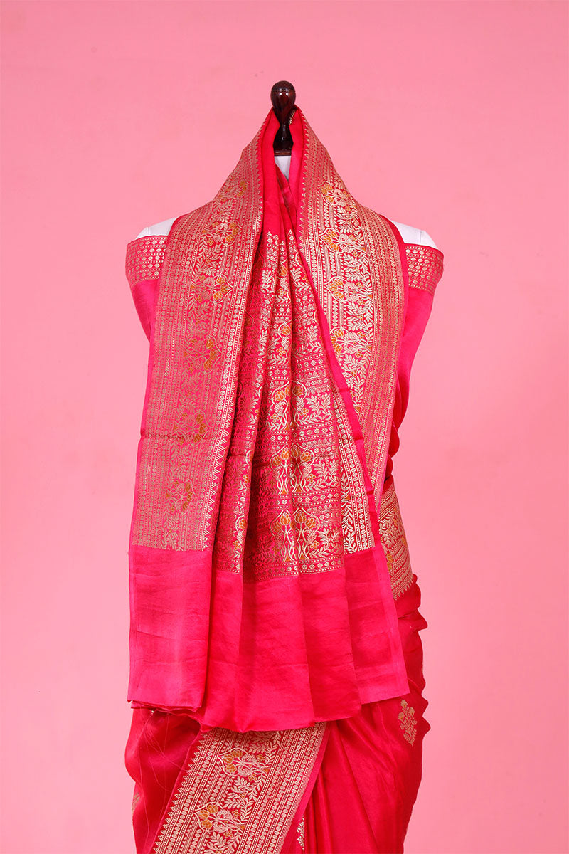 Bright Pink Gajji Silk Banarasi Saree with Golden Zari Meenakari work