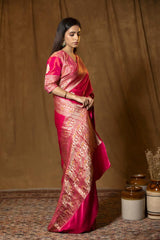 Bright Pink Banarasi Silk Saree with Golden Zari Meenakari work