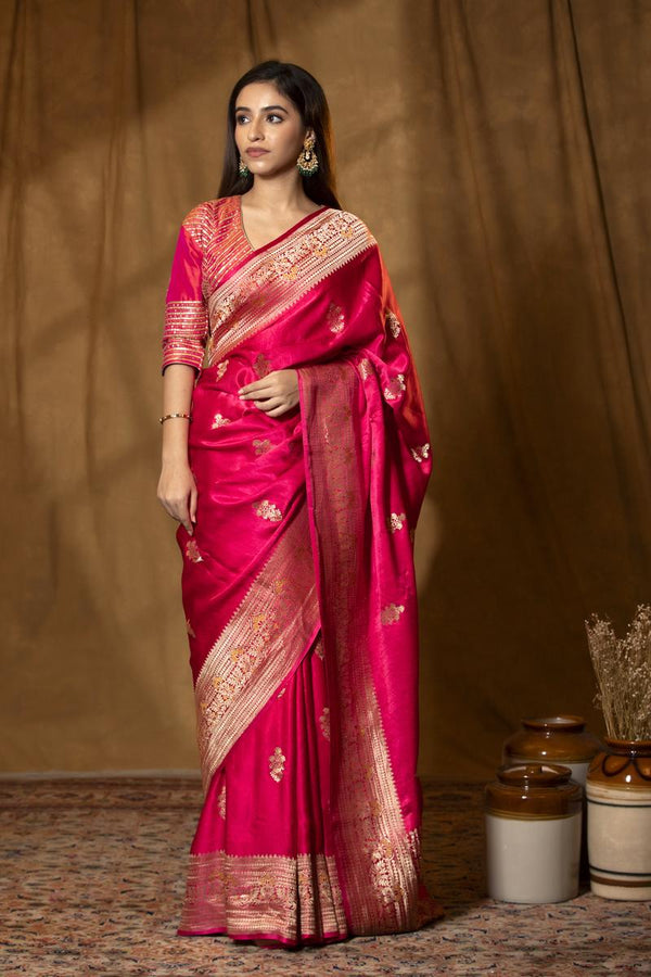 Bright Pink Gajji Silk Banarasi Saree with Golden Zari Meenakari work