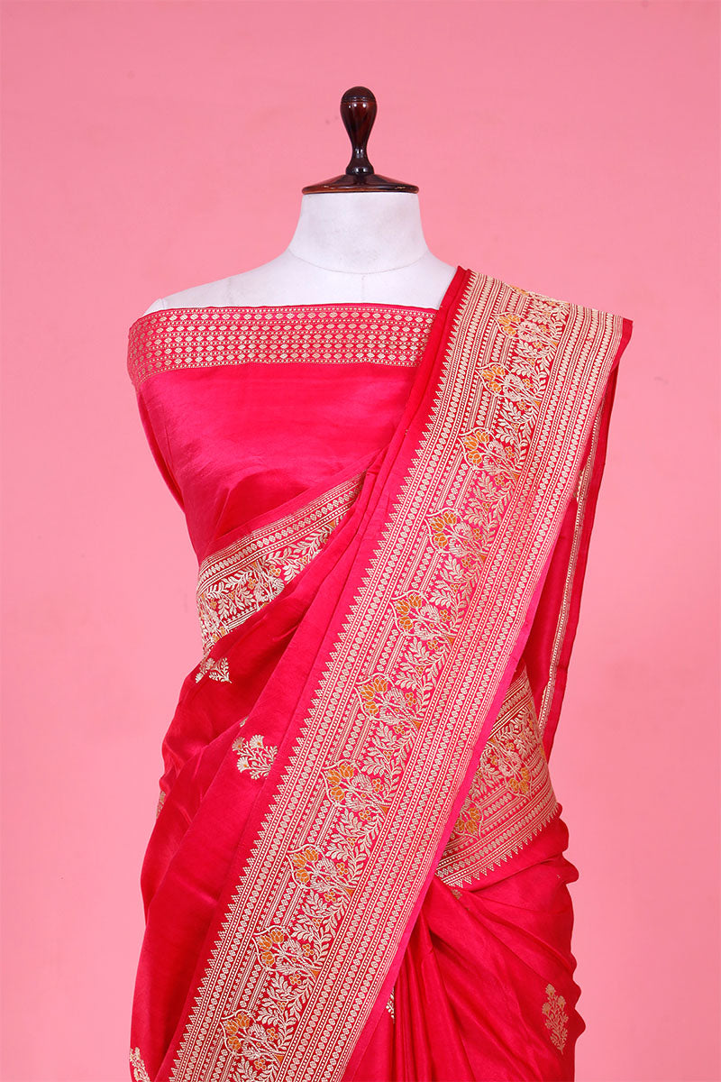 Bright Pink Gajji Silk Banarasi Saree with Golden Zari Meenakari work