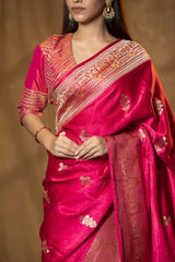 Bright Pink Banarasi Silk Saree with Golden Zari Meenakari work