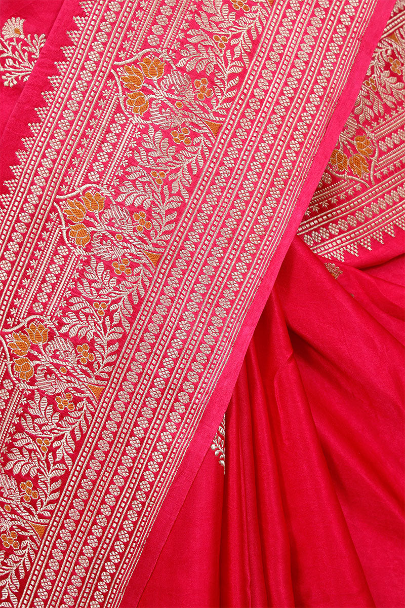 Bright Pink Gajji Silk Banarasi Saree with Golden Zari Meenakari work