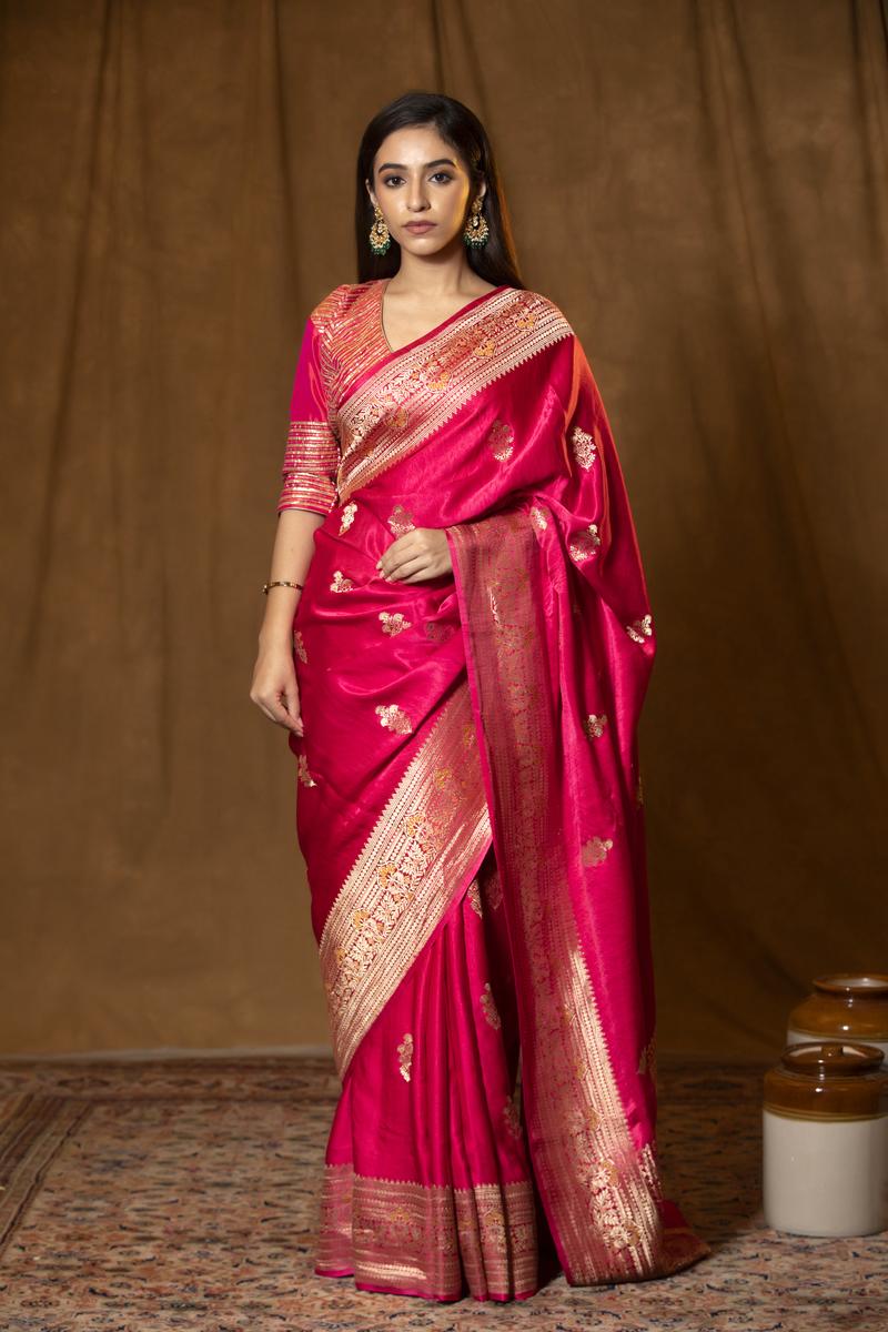 Bright Pink Banarasi Silk Saree with Golden Zari Meenakari work