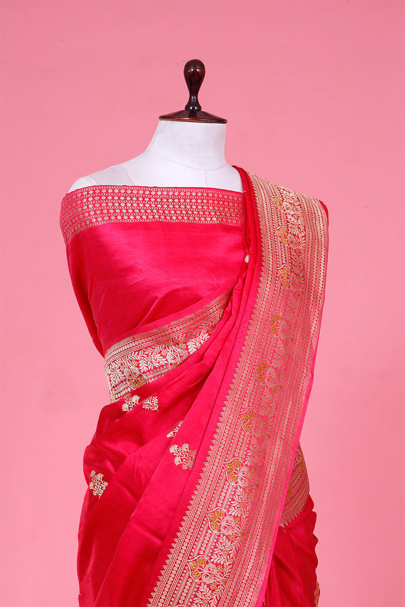 Bright Pink Gajji Silk Banarasi Saree with Golden Zari Meenakari work