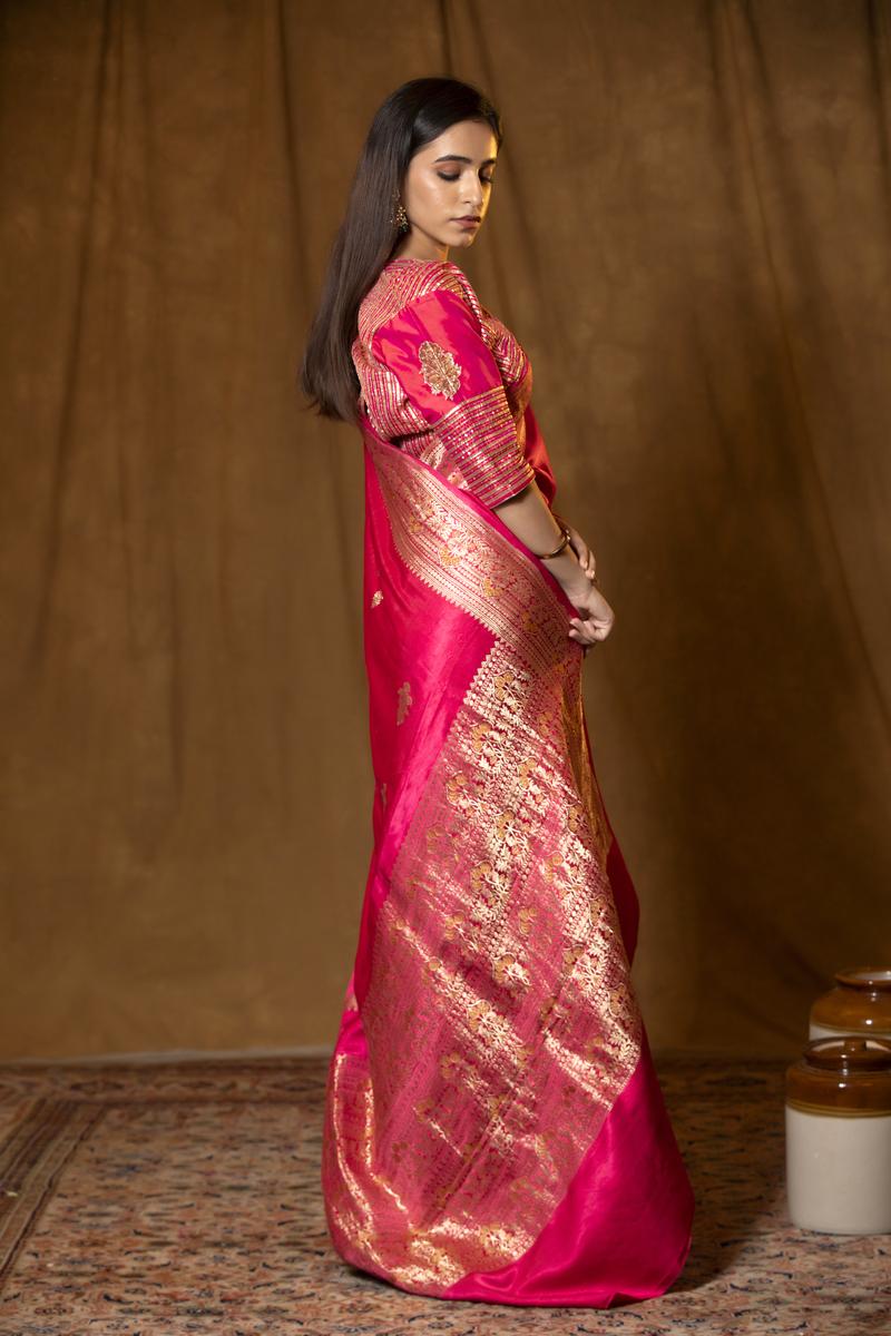 Bright Pink Banarasi Silk Saree with Golden Zari Meenakari work