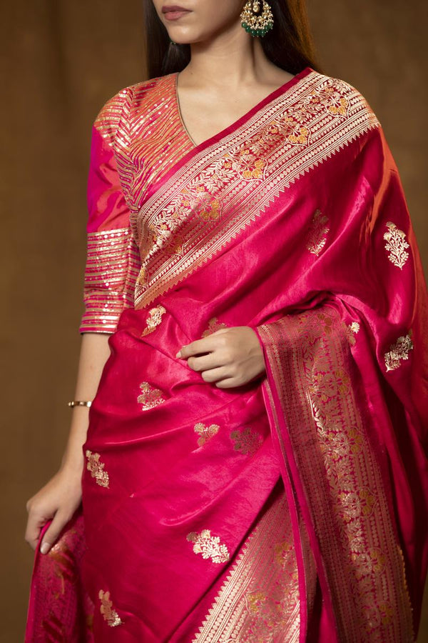 Bright Pink Gajji Silk Banarasi Saree with Golden Zari Meenakari work