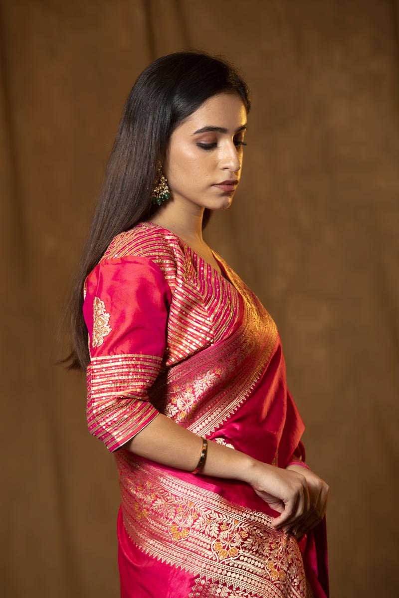 Bright Pink Banarasi Silk Saree with Golden Zari Meenakari work