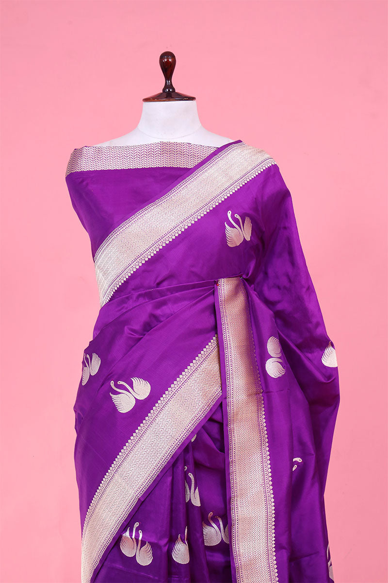 Purple Handloom Banarasi Saree with Meenakari Hansa Motifs