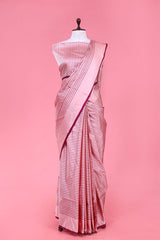 Beige Satin Silk Banarasi Saree with Vertical Stripes