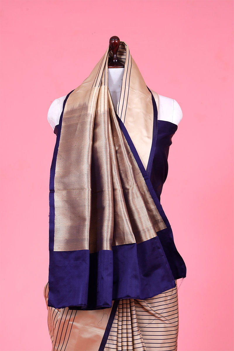 Beige Satin Silk Banarasi Saree with Vertical Stripes