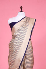 Beige Satin Silk Banarasi Saree with Vertical Stripes