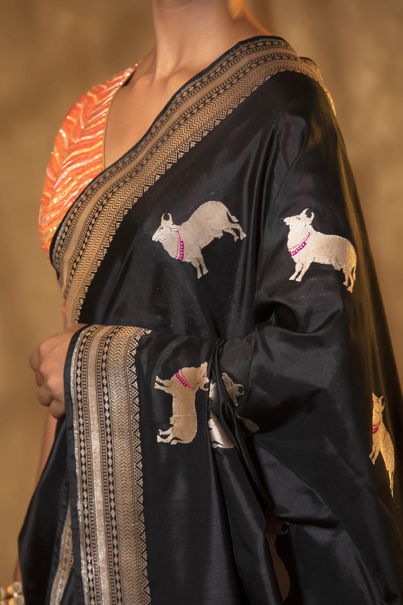 Black Katan Silk Banarasi Saree with Surabhi Motifs