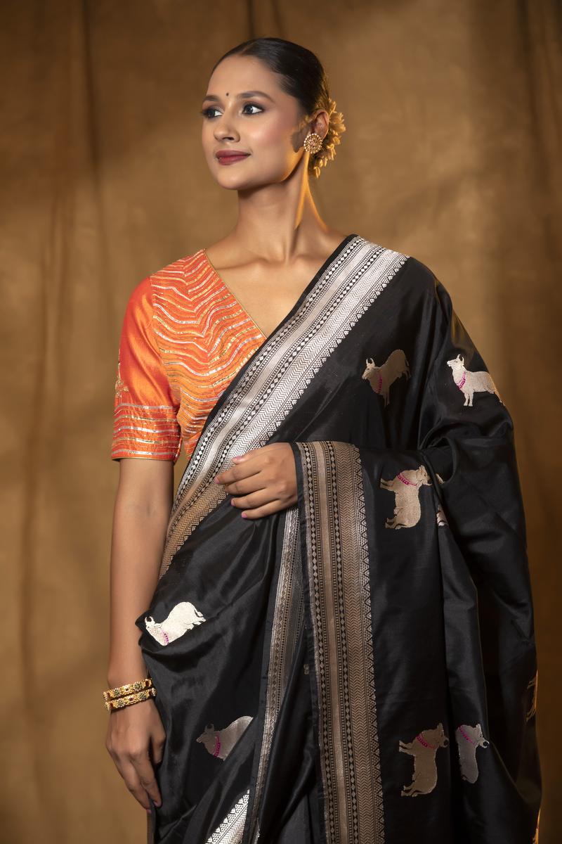 Black Katan Silk Banarasi Saree with Surabhi Motifs