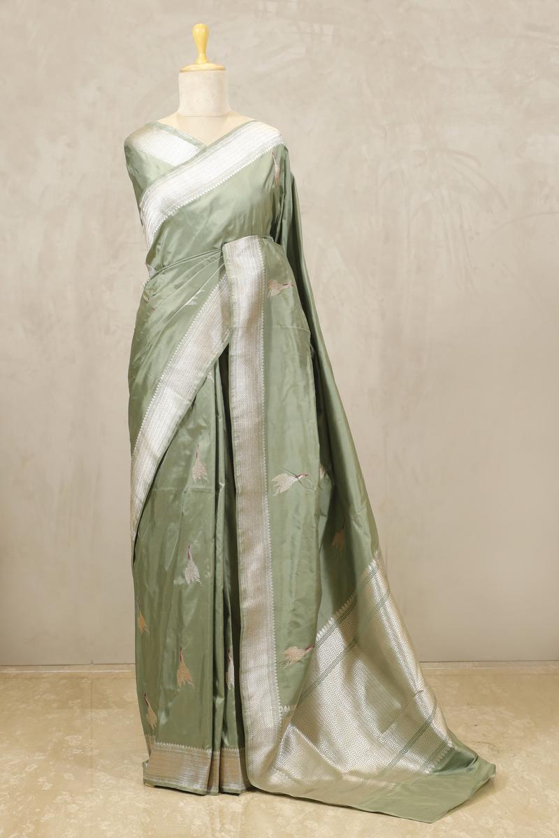 Sage Green Banarasi Katan Silk Saree with Flamingo Motifs