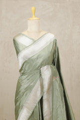 Sage Green Banarasi Katan Silk Saree with Flamingo Motifs