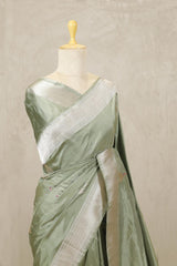 Sage Green Banarasi Katan Silk Saree with Flamingo Motifs