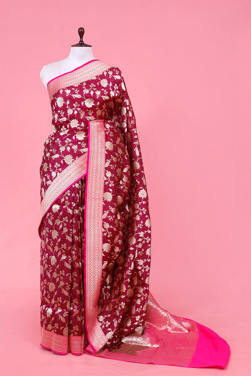 Banarasi Silk Saree, Banarasi saree, silk saree, wine banarasi saree, wedding wear saree