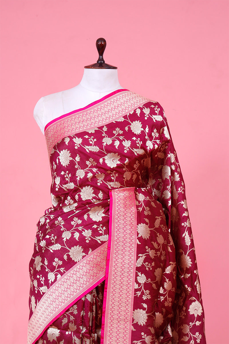 Wine Pure Handloom Banarasi Saree with Floral Jaal work