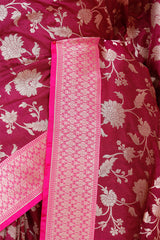 Wine Pure Handloom Banarasi Saree with Floral Jaal work