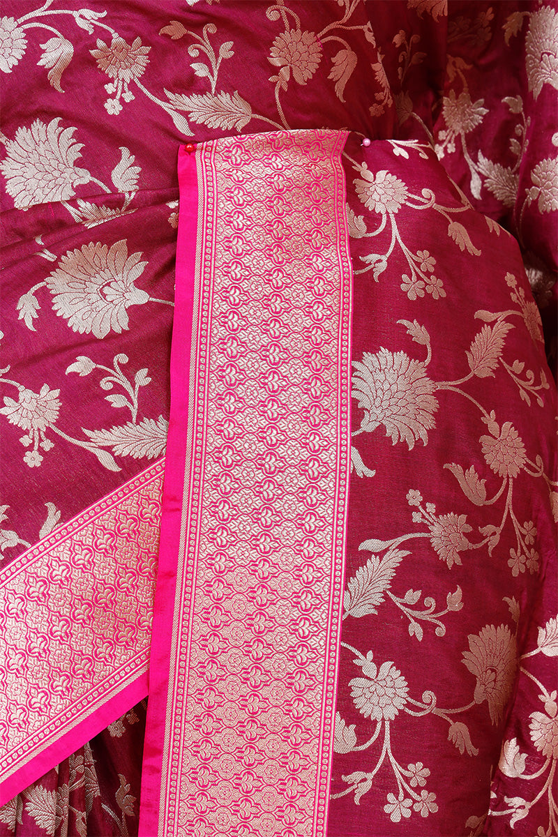 Wine Pure Handloom Banarasi Saree with Floral Jaal work