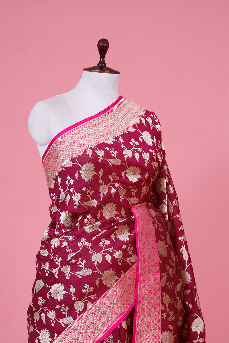 Wine Pure Handloom Banarasi Saree with Floral Jaal work