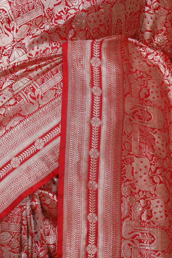 Red Banarasi Katan Silk Saree with Pichwai Motifs