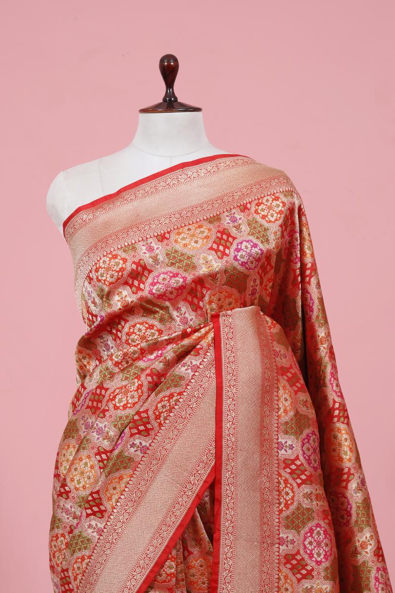 Red Katan Silk Banarasi Saree with Gold Zari Meenakari work