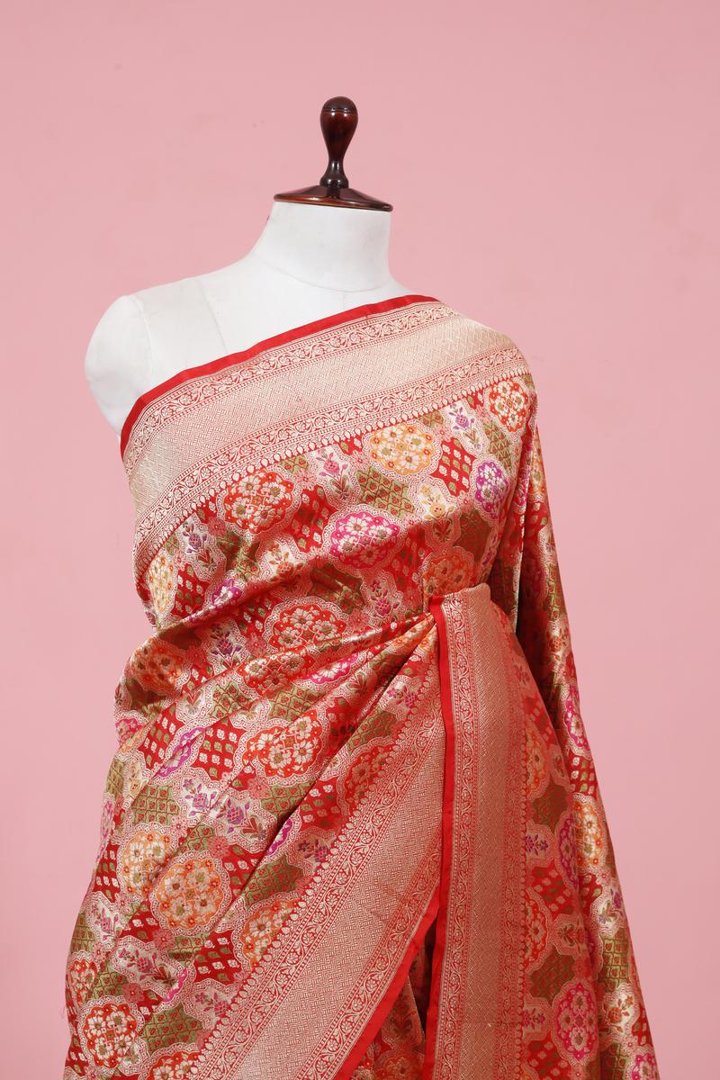 Red Katan Silk Banarasi Saree with Gold Zari Meenakari work