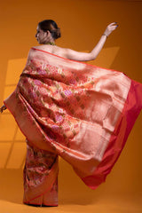 Red-Orange Banarasi Katan Silk Saree with Meenakari Jaal Work